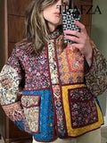 Ethno-Boho Damenjacke mit Blumenprint und Kontrasttaschen 2024