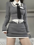Fashion Knitted Suit Woman Y2k Crop Tops Sweater + Casual Shirt + Slim Bodycon Mini Skirt Korean 3 Piece Set