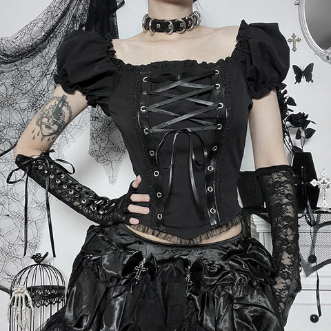 Frauen Gothic Bandage Top in Schwarz mit Spitze und Schnürun