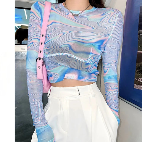 Laser Color Tie Dye Crop Top Women Rainbow Gradient Long Sleeve T Shirts Futuristic E Girl