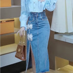 Süße mit Bändern verzierte Jeans-Midi-Rock für den Gyaru-Stil