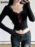 Schnörkelloses Design Bow Lace Trim Cropped T-Shirt im Gothic-Sti