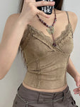 Fairy-Grunge Spitzen-Crop-Top in Khaki mit Spaghettiträger