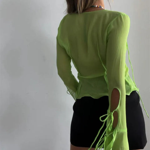 Damen Y2K Mesh-Cardigan mit transparenten Flügelärmeln in Neon Grün