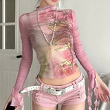 **Schicke Rosa Mesh Tops im 2000er Fairycore Stil – Sexy cropped Langarmshirt für alternative Mode**