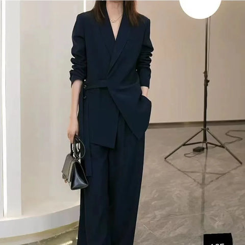 Casual Suit Jacket Matching Set Korean Elegant Loose Blazers Wide Leg Pants Two Piece