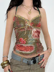 Vintage Y2K-Blumenmuster Camisole mit Mesh-Detail