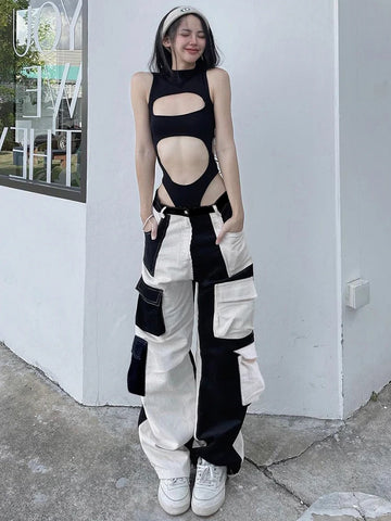 Damen Baggy-Hose mit hohem Bund und Patchwork im Y2K-Stil