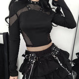 Gothic Crop-Top mit Netzärmeln und Halsband-Detail