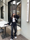 Y2K Stil Damen Schwarz Jeans mit Weitem Bein und Sternen-Print