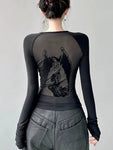 Gothic Netz-T-Shirt mit Engel-Print für stilvolle Looks