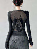 Gothic Netz-T-Shirt mit Engel-Print für stilvolle Looks