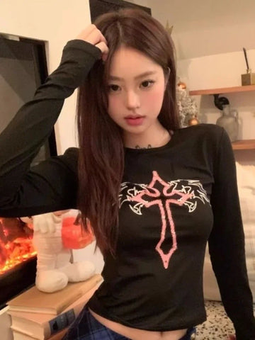 Gothic Slim-Fit Sweatshirt mit Kreuz-Print für Damen – Harajuku Y2K Style