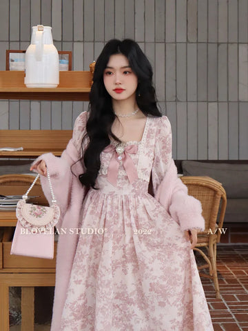 Korean Pink Floral Elegant Dress Women Bandage Lace Print Sweet Vintage