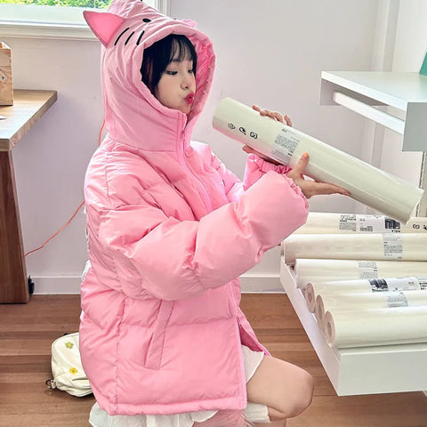 Kawaii Soft-Girl Baumwolljacke mit Katzenohren und Reißverschlus