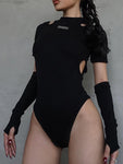 Schwarzer Gothic-Y2K Bodysuit mit Cut-Outs