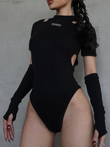 Schwarzer Gothic-Y2K Bodysuit mit Cut-Outs