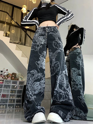 Y2K Baggy Jeans mit Drachenprint Hang Loose