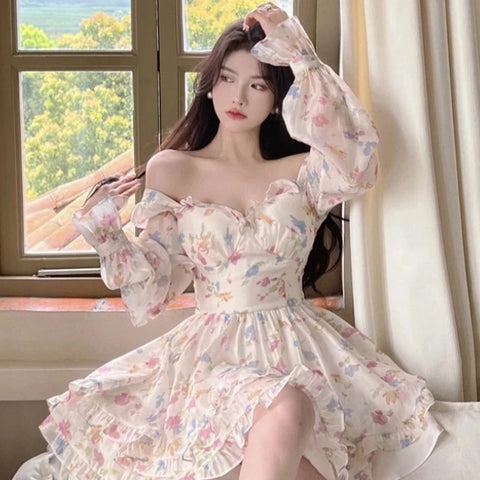 Korean style Summer Sweet V-Neck Floral Chiffon Dress Women Elegant Long Sleeve Ruffles