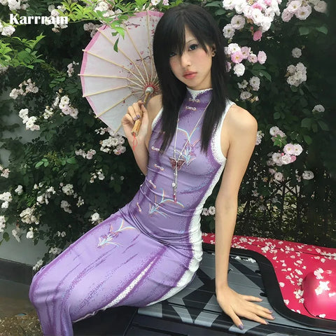 Lila Harajuku Langkleid im Y2K-Stil mit Körperbetonung