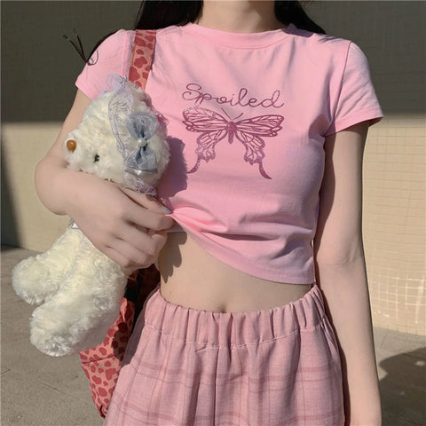Süße Harajuku E-Girl T-Shirts in Rosa mit Glitzer-Schmetterling