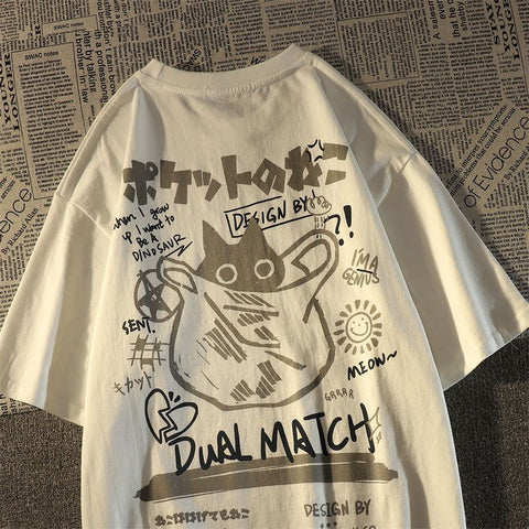 Übergröße weißes T-Shirt japanischer schwarzer Kater