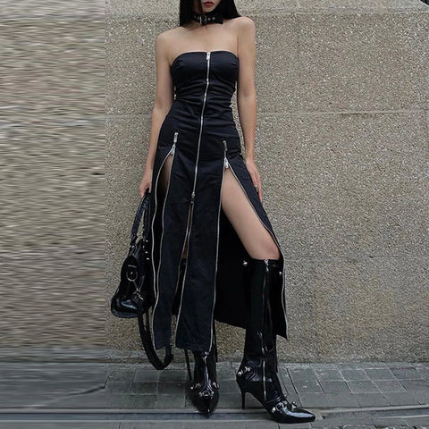 Elegantes Gothic Midi-Kleid mit Reißverschluss und Beinschlit