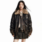 Damen Herbst Grunge Lederjacke mit Kunstpelz-Kragen im Vintage Loo