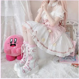 Gothic lolita Süße Plattformschnürstiefel in Weiß und Pink