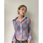 Y2K Karo-Chiffon-Bluse für Damen
