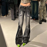 **H1: Distressed Flare Jeans mit floralem Muster – Low Rise Slim Denim für den alternativen Look der 2000er Jahre**