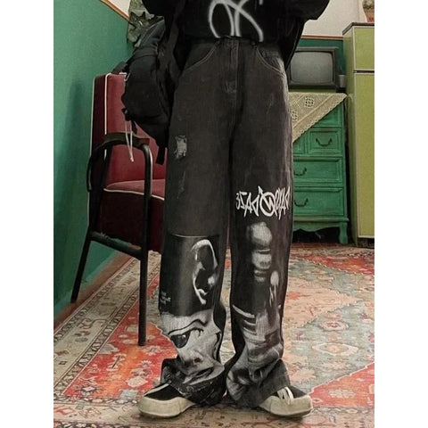 Gothic Wide-Leg Jeans mit Aufdruck Y2K Streetwear für Frauen