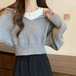 Grauer Strick-Cropped-Pullover mit Kragen im Koreanischer Stil