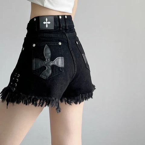 Schwarze Y2k Denim Shorts für Damen High Waist