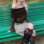 Edler Slash Neck Langarmshirt mit Vintage-Patchwork in Brau