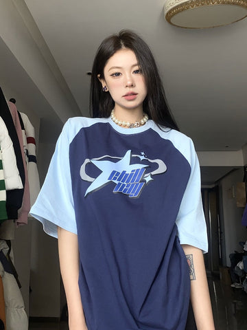 T-Shirt Y2K blau bedruckt mit blauer Himmelsstern