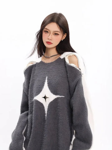 Bequemer Y2K Pullover mit Off-Shoulder Design und Sternenmotiv