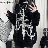 Oversized Gothic Pullover für Frauen mit Off-Shoulder und Skelett-Prin