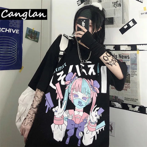 Top E Girl Pastel Goth drucken pink und blaue Anime