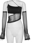 Asymmetrisches Cut-Out Mesh Crop Top mit Ärmeln Fairy Grunge Stil