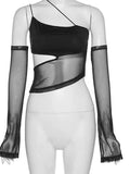 Asymmetrisches Cut-Out Mesh Crop Top mit Ärmeln Fairy Grunge Stil