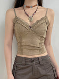 Fairy-Grunge Spitzen-Crop-Top in Khaki mit Spaghettiträger