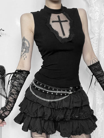 Sexy Gothic-Crop-Top mit schwarzem Kreuz auf Spitz