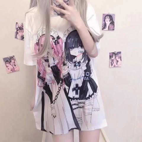 Oversize-Damen-T-Shirt im E-Girl-Stil mit Anime-Print