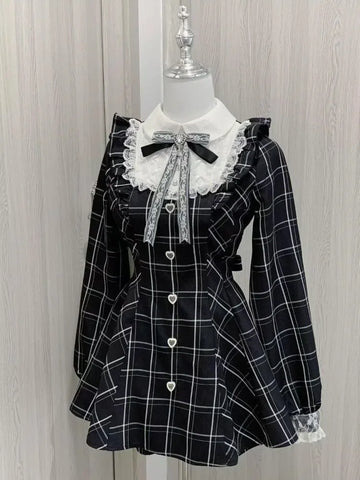 Karo-Kleid mit Rüschen und Schleife Kawaii Lolita Styl