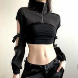 Trendiges Cyber Gothic Crop-Top mit Zipper und Cargo-Details