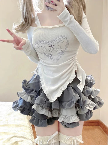 Gothic lolita Zweiteiler mit süßem Häschen-Print und Rüschenrock