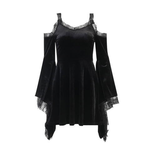 Schwarzes Samt-Gothik Kleid mit weiten ärmeln