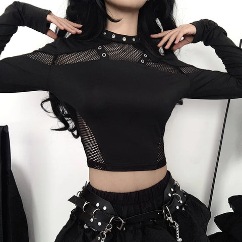 Gothic Crop-Top mit Netzärmeln und Halsband-Detail