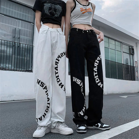 Y2K Streetwear Jeans mit inspirierendem Print in Schwarz und Weiß